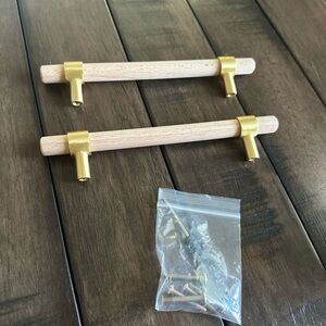 New set of 2 Anthropologie wood & brushed gold cabinet handles/drawer pulls